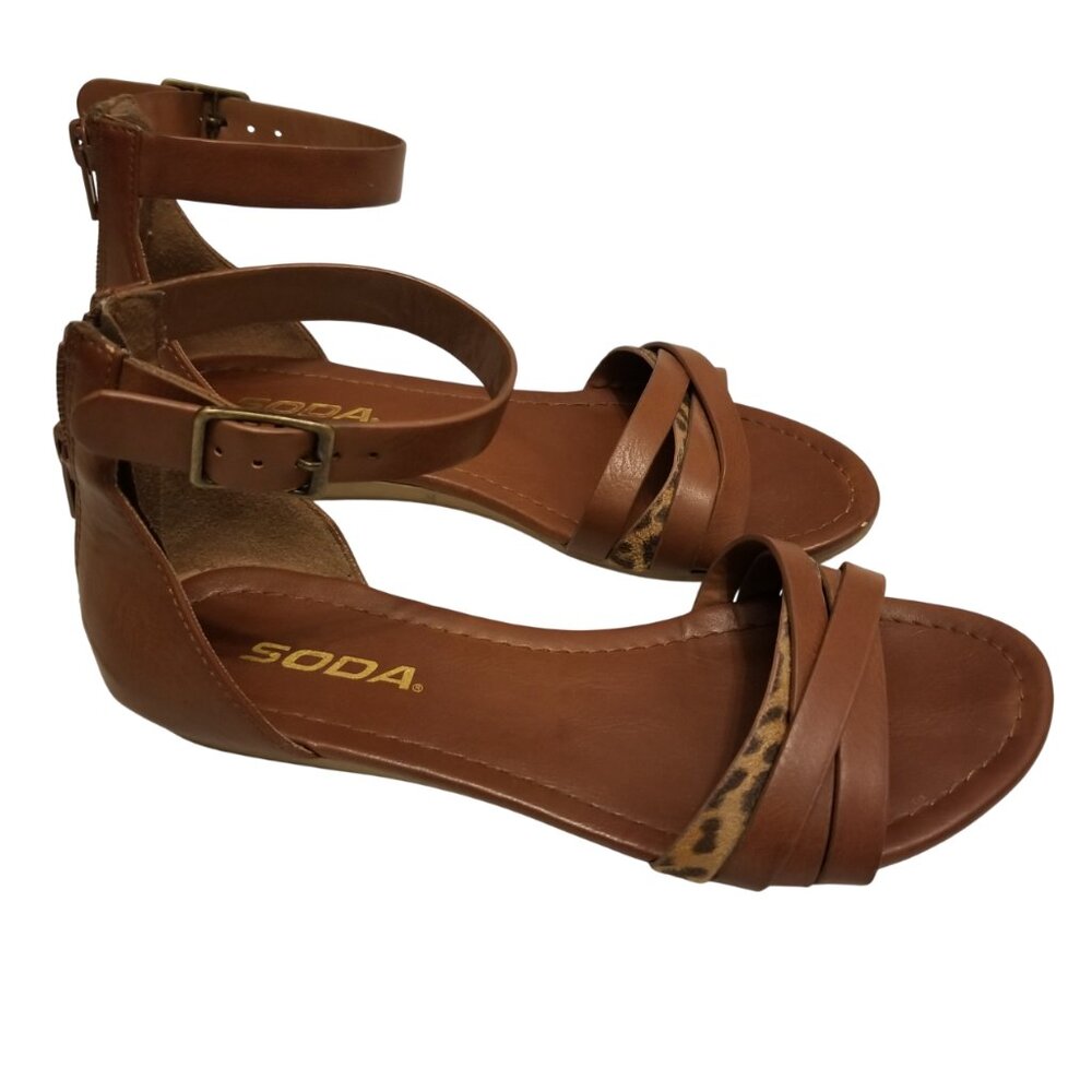 Brown Sandals Animal Print Cheetah Flat Shoes US 6 Women Strappy Faux Leather